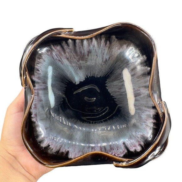 1960s Ceramic Porcelain Dish Bowl W Handles Dark Brown White Drip Glaze Vintage - Picture 12 of 16